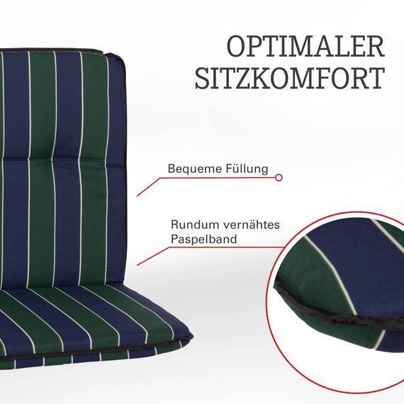 Beo Niedriglehner Auflagen Waschbar Bali | Made in EU nach Öko-Tex Standard | Atmungsaktive Stuhlauflage Niedriglehner mit Halteband | UV-beständige Auflagen Niedriglehner mit Streifen in Blau-Grün
