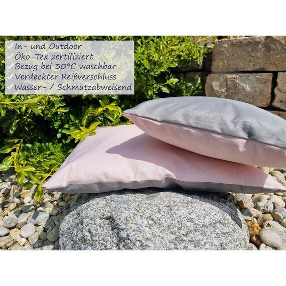 JACK 2-farbiges Wende Outdoor Lounge Kissen 45x45cm Dekokissen inkl. Füllung Wasserfest Sitzkissen Garten Stuhl Lotus Effekt, Farbe:Grau - Rosa