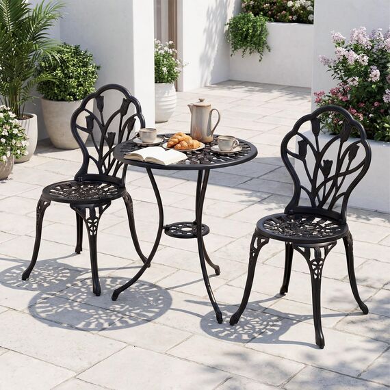 COSTWAY Bistroset 3-teilig, Bistrotisch mit 2 Stühle, Gartenmöbel Set, Balkonmöbel aus Aluminiumguss, Balkonset, Gartengarnitur, Sitzgruppe für Terrasse, Balkon, Garten, Schwarz