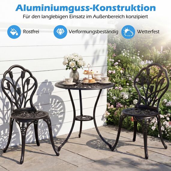 COSTWAY Bistroset 3-teilig, Bistrotisch mit 2 Stühle, Gartenmöbel Set, Balkonmöbel aus Aluminiumguss, Balkonset, Gartengarnitur, Sitzgruppe für Terrasse, Balkon, Garten, Schwarz