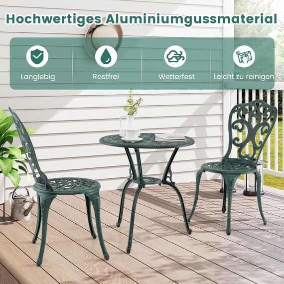COSTWAY 3-TLG. Gartenmöbel Set, Bistrotisch mit 2 Stühlen, wetterfestes Balkonset, Balkonmöbel aus Aluminiumguss, Terrassenmöbel, Gartengarnitur, Sitzgruppe für Terrasse, Balkon, Garten (Grün)