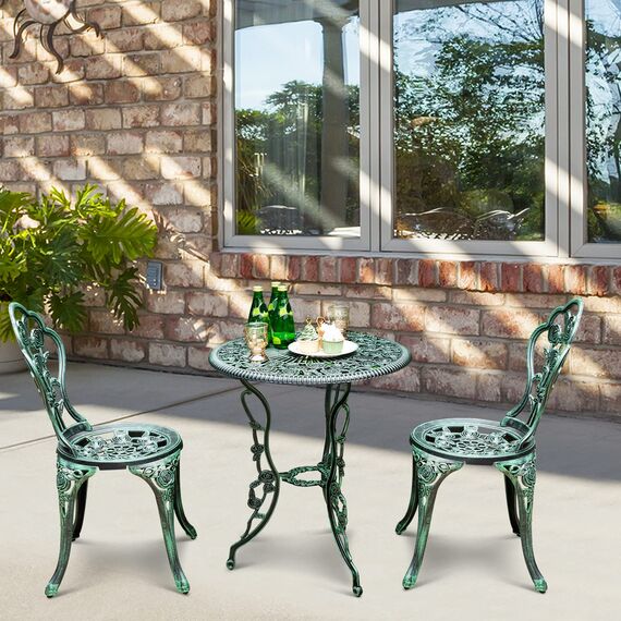 COSTWAY Bistroset 3-teilig, Bistrotisch mit 2 Stühle & Schirmloch, Gartenmöbel Set, Balkonmöbel aus Aluminiumguss, Balkonset, Gartengarnitur, Sitzgruppe für Garten, Terrasse, Balkon