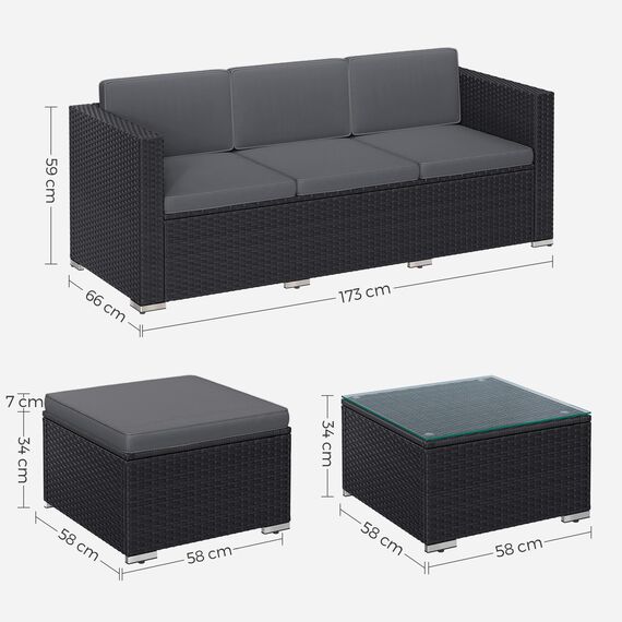 SONGMICS Gartenmöbel-Set, Balkonmöbel aus PE-Polyrattan, Terrassenmöbel, Ecksofa, Outdoor, handgeflochtenes Rattan, Lounge-Set, mit Kissen und Glastisch, schwarz-grau GGF005B04