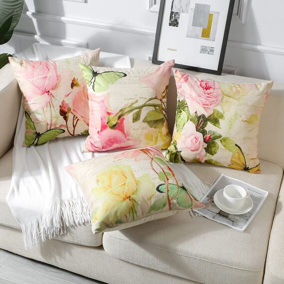 Artscope wasserdichte Kissenbezugen, 4er Set Rosa Rosen und Schmetterlinge Kissenhülle Atmungsaktiv Kissen Fall für Outdoor Balkon Terrasse Patio Garten Bauernhaus Dekor 45x45CM