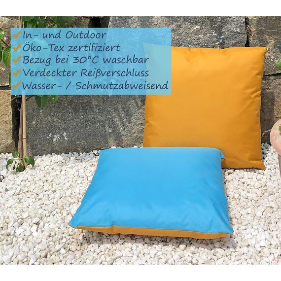 JACK 2-farbiges Wende Outdoor Lounge Kissen 45x45cm Dekokissen inkl. Füllung Wasserfest Sitzkissen Garten Stuhl Lotus Effekt, Farbe:Gold - Hellblau