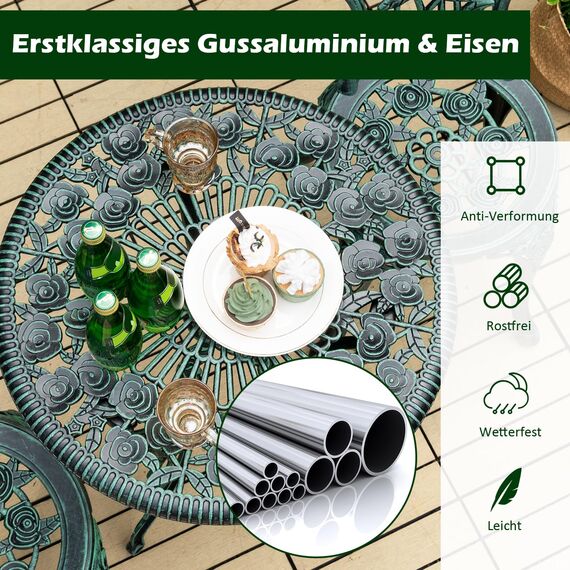 COSTWAY Bistroset 3-teilig, Bistrotisch mit 2 Stühle & Schirmloch, Gartenmöbel Set, Balkonmöbel aus Aluminiumguss, Balkonset, Gartengarnitur, Sitzgruppe für Garten, Terrasse, Balkon