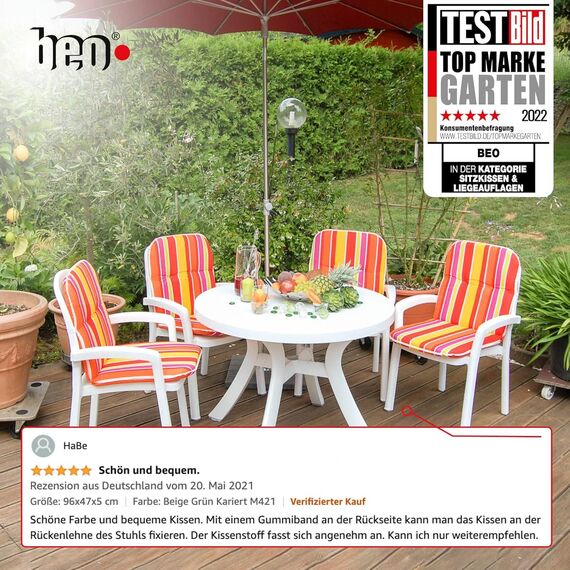 Beo Bali Gartenstuhl-Auflagen Niedriglehner 96x47 cm, 6er Set orange gelb weiß gestreift | Waschbare, UV-beständige Sitz-Kissen | Atmungsaktive Polster-Auflagen nach Öko-Tex Standard | Made in EU