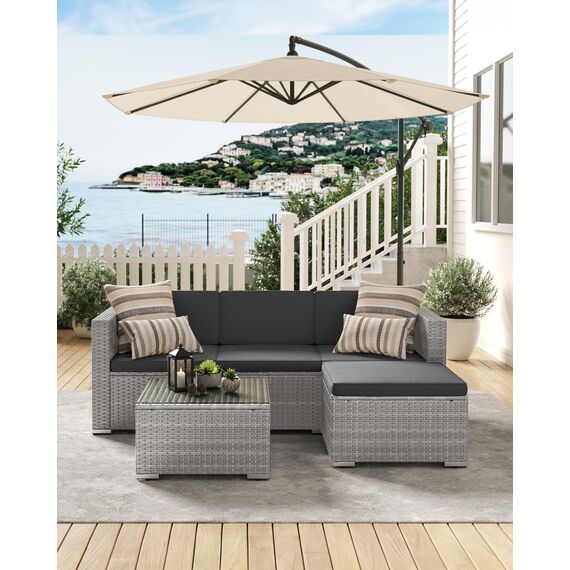 SONGMICS Gartenmöbel-Set, Balkonmöbel aus PE-Polyrattan, Terrassenmöbel, Ecksofa, Outdoor, handgeflochtenes Rattan, Lounge-Set, mit Kissen und Glastisch, Grau GGF005G05