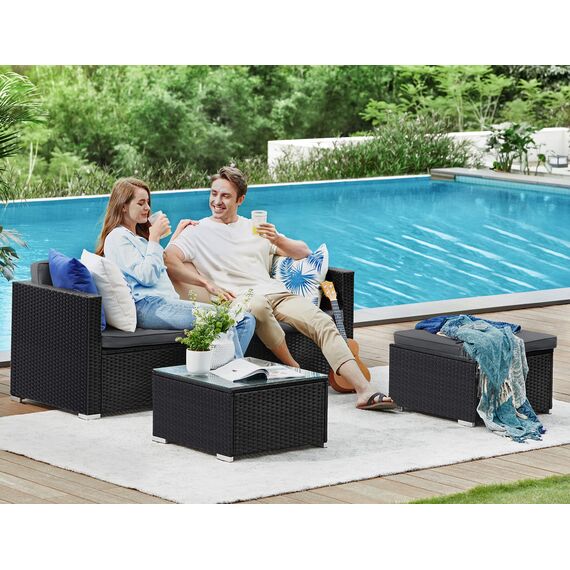 SONGMICS Gartenmöbel-Set, Balkonmöbel aus PE-Polyrattan, Terrassenmöbel, Ecksofa, Outdoor, handgeflochtenes Rattan, Lounge-Set, mit Kissen und Glastisch, schwarz-grau GGF005B04