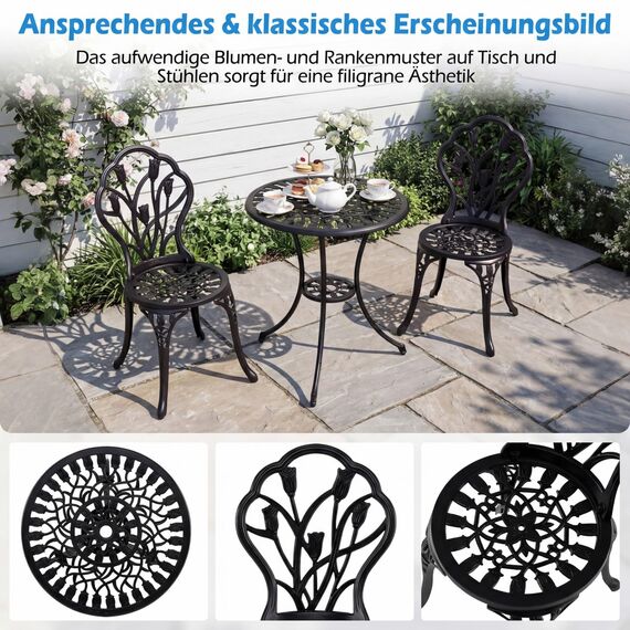 COSTWAY Bistroset 3-teilig, Bistrotisch mit 2 Stühle, Gartenmöbel Set, Balkonmöbel aus Aluminiumguss, Balkonset, Gartengarnitur, Sitzgruppe für Terrasse, Balkon, Garten, Schwarz