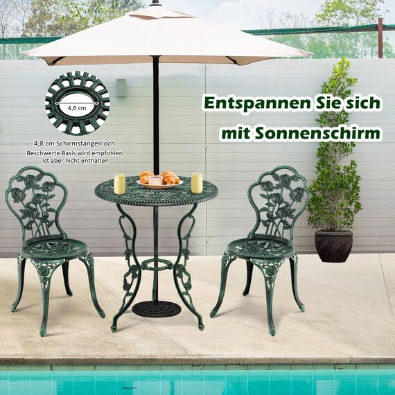 COSTWAY Bistroset 3-teilig, Bistrotisch mit 2 Stühle & Schirmloch, Gartenmöbel Set, Balkonmöbel aus Aluminiumguss, Balkonset, Gartengarnitur, Sitzgruppe für Garten, Terrasse, Balkon