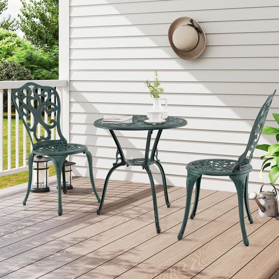 COSTWAY 3-TLG. Gartenmöbel Set, Bistrotisch mit 2 Stühlen, wetterfestes Balkonset, Balkonmöbel aus Aluminiumguss, Terrassenmöbel, Gartengarnitur, Sitzgruppe für Terrasse, Balkon, Garten (Grün)