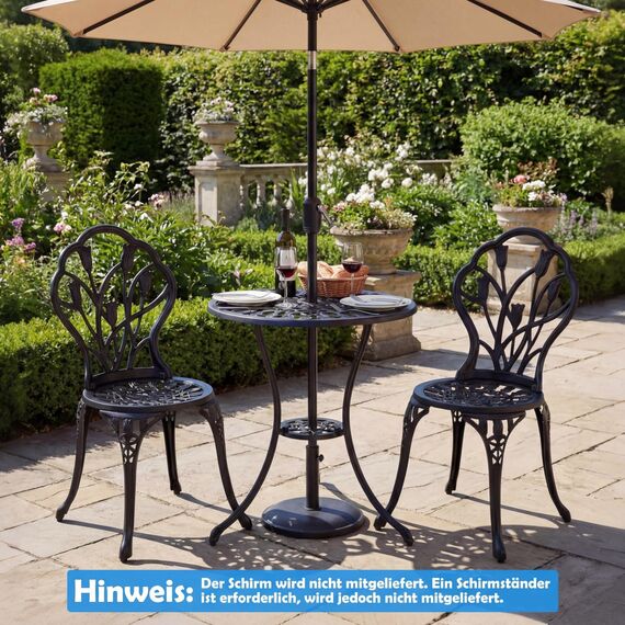 COSTWAY Bistroset 3-teilig, Bistrotisch mit 2 Stühle, Gartenmöbel Set, Balkonmöbel aus Aluminiumguss, Balkonset, Gartengarnitur, Sitzgruppe für Terrasse, Balkon, Garten, Schwarz