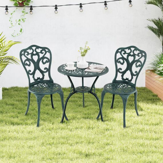 COSTWAY 3-TLG. Gartenmöbel Set, Bistrotisch mit 2 Stühlen, wetterfestes Balkonset, Balkonmöbel aus Aluminiumguss, Terrassenmöbel, Gartengarnitur, Sitzgruppe für Terrasse, Balkon, Garten (Grün)