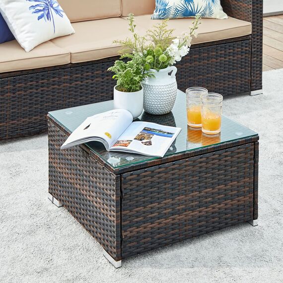 SONGMICS Gartenmöbel-Set, Balkonmöbel aus PE-Polyrattan, Terrassenmöbel, Ecksofa, Outdoor, handgeflochtenes Rattan, Lounge-Set, mit Kissen und Glastisch, braun-Taupe GGF005K03