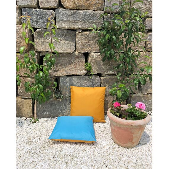 JACK 2-farbiges Wende Outdoor Lounge Kissen 45x45cm Dekokissen inkl. Füllung Wasserfest Sitzkissen Garten Stuhl Lotus Effekt, Farbe:Gold - Hellblau
