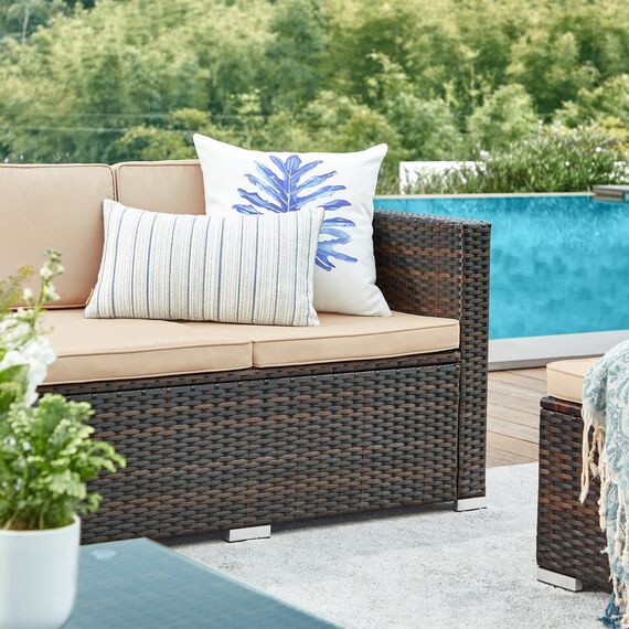 SONGMICS Gartenmöbel-Set, Balkonmöbel aus PE-Polyrattan, Terrassenmöbel, Ecksofa, Outdoor, handgeflochtenes Rattan, Lounge-Set, mit Kissen und Glastisch, braun-Taupe GGF005K03