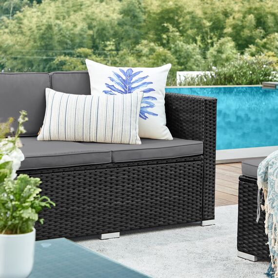 SONGMICS Gartenmöbel-Set, Balkonmöbel aus PE-Polyrattan, Terrassenmöbel, Ecksofa, Outdoor, handgeflochtenes Rattan, Lounge-Set, mit Kissen und Glastisch, schwarz-grau GGF005B04