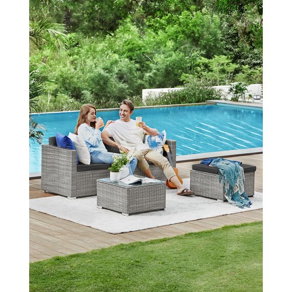 SONGMICS Gartenmöbel-Set, Balkonmöbel aus PE-Polyrattan, Terrassenmöbel, Ecksofa, Outdoor, handgeflochtenes Rattan, Lounge-Set, mit Kissen und Glastisch, Grau GGF005G05
