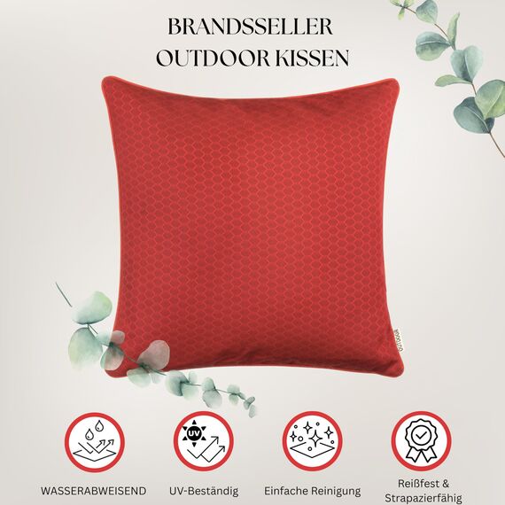 Brandsseller 2er Set Outdoor Kissen 45 x 45 cm – Wetterfeste Zierkissen mit Paspel in Wabenstruktur – Wasserabweisende Gartenkissen & Dekokissen für draußen – Sofakissen für Balkon & Terrasse - Rot