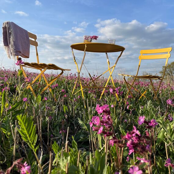 Vanage | Bistro Set Balkon | Balkonmöbel klappbar Set 3-teilig | pulverbeschichteter Stahl, wetterbeständig, Gartentisch & Stühle perfekt für Garten & kleine Balkone