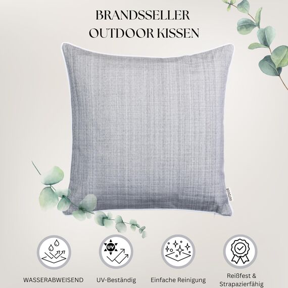 Brandsseller 6er Set Outdoor Kissen 45x45 cm – Wetterfeste Zierkissen mit Paspel in Leinenoptik – Wasserabweisende Gartenkissen & Dekokissen für draußen – Sofakissen für Balkon & Terrasse - Hellgrau