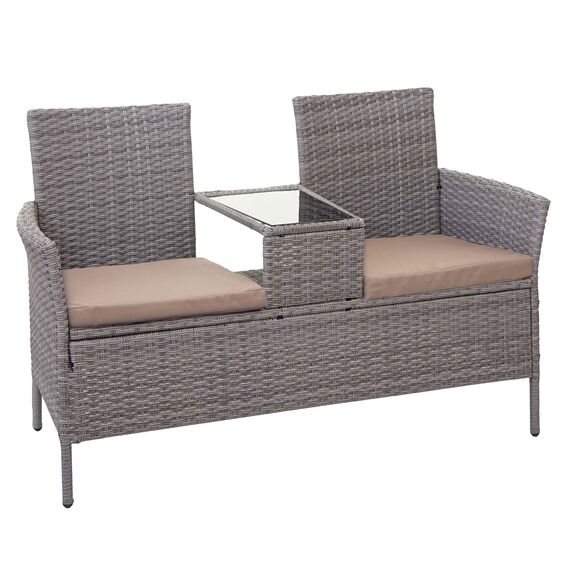 Mendler Poly-Rattan Sitzbank mit Tisch HWC-E24, Gartenbank Sitzgruppe Gartensofa, 132cm - grau, Kissen Creme