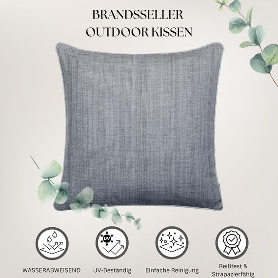 Brandsseller 2er Set Outdoor Kissen 45x45 cm – Wetterfeste Zierkissen mit Paspel in Leinenoptik – Wasserabweisende Gartenkissen & Dekokissen für draußen – Sofakissen für Balkon & Terrasse - Grau