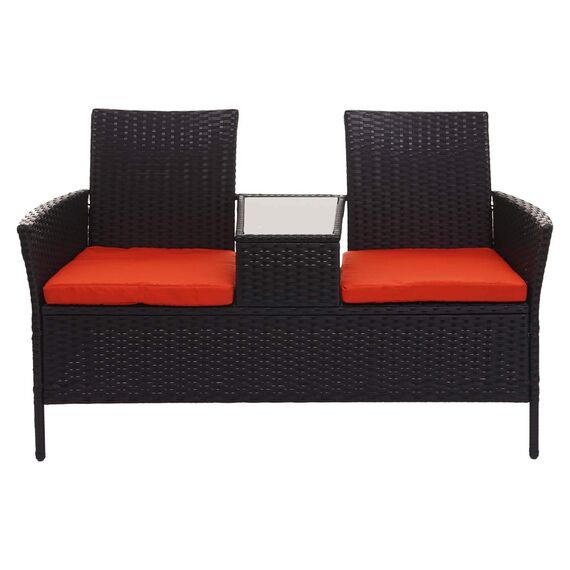 Mendler Poly-Rattan Sitzbank mit Tisch HWC-E24, Gartenbank Sitzgruppe Gartensofa, 132cm - schwarz, Kissen Terracotta