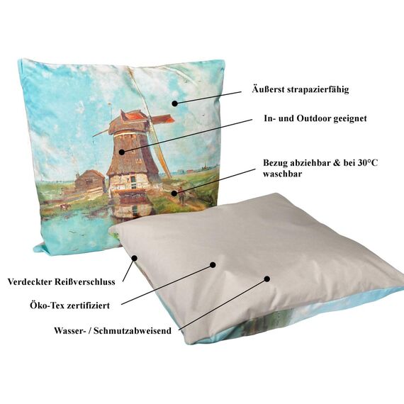 JACK Outdoor Lounge Kissen 45x45cm Motiv Dekokissen inkl. Füllung Wasserfest Sitzkissen Garten Stuhl, Farbe:Windmühle