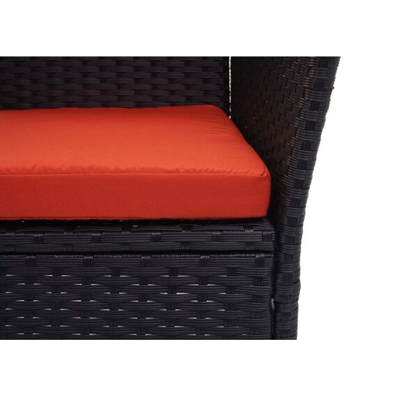 Mendler Poly-Rattan Sitzbank mit Tisch HWC-E24, Gartenbank Sitzgruppe Gartensofa, 132cm - schwarz, Kissen Terracotta
