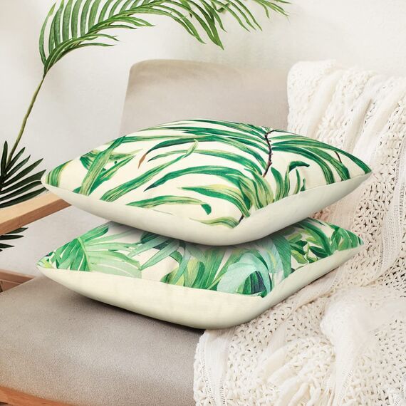 RYBornament Kissenbezug 45x45 Grüne Deko-Kissen Kissenbezug Leinen Tropische Pflanze Blätter Dekorative Kissenhülle 4er-Set Quadratische Modern Tropische Dekorativ Kissenbezug Für Kissensofa Deko
