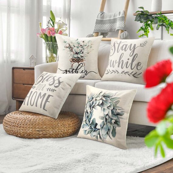 Kissenbezüge 40x40 Blau Grün Dekorative Kissenbezug Eukalyptusblätter Kranz Leinen Herbst Kissenhülle Farmhouse Zierkissenbezüge Für Schlafzimmer Wohnzimmer Outdoor Garten Sofa Deko, 4er Set