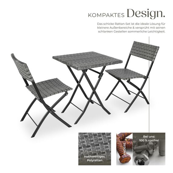 tectake® Rattan Balkon oder Garten Bistro Möbel Set, Sitzgruppe mit 2 Stühlen und 1 Kleiner Esstisch, platzsparend klappbar, Gartenmöbel, Balkonmöbel Kleiner Balkon - grau