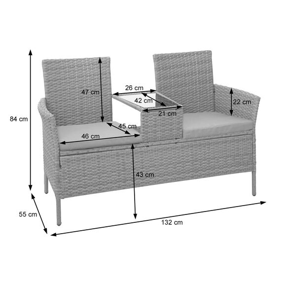 Mendler Poly-Rattan Sitzbank mit Tisch HWC-E24, Gartenbank Sitzgruppe Gartensofa, 132cm - schwarz, Kissen dunkelgrau