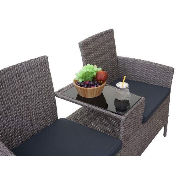 Mendler Poly-Rattan Sitzbank mit Tisch HWC-E24, Gartenbank Sitzgruppe Gartensofa, 132cm - grau, Kissen dunkelgrau