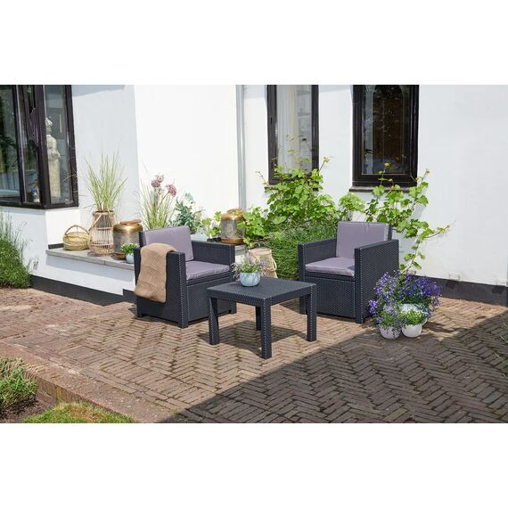 Allibert by Keter Balkonmöbel Set Victoria Balcony, graphit/cool grey, 3tlg., inkl. Sitz- und Rückenkissen, Kunststoff, flache Rattanoptik