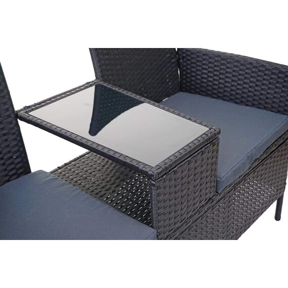 Mendler Poly-Rattan Sitzbank mit Tisch HWC-E24, Gartenbank Sitzgruppe Gartensofa, 132cm - schwarz, Kissen dunkelgrau