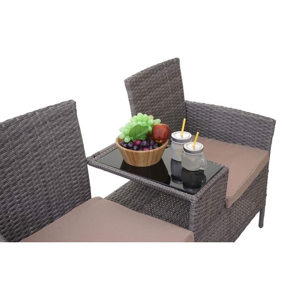 Mendler Poly-Rattan Sitzbank mit Tisch HWC-E24, Gartenbank Sitzgruppe Gartensofa, 132cm - grau, Kissen Creme
