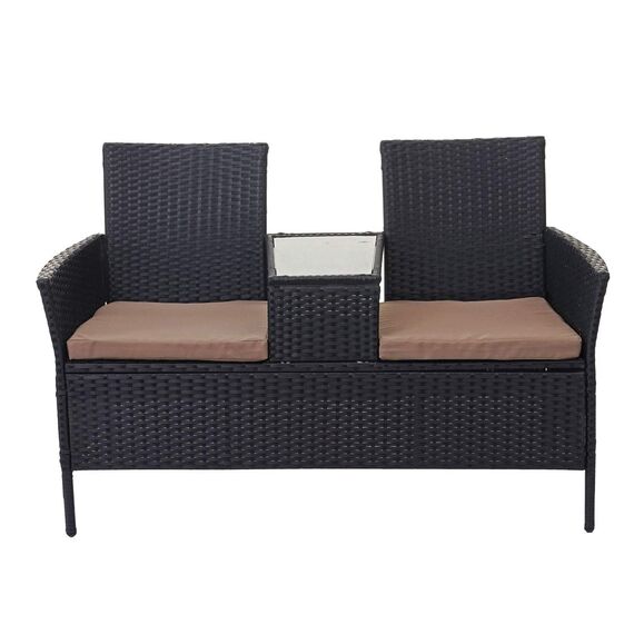 Mendler Poly-Rattan Sitzbank mit Tisch HWC-E24, Gartenbank Sitzgruppe Gartensofa, 132cm - schwarz, Kissen Creme