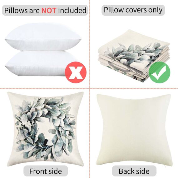 Kissenbezüge 40x40 Blau Grün Dekorative Kissenbezug Eukalyptusblätter Kranz Leinen Herbst Kissenhülle Farmhouse Zierkissenbezüge Für Schlafzimmer Wohnzimmer Outdoor Garten Sofa Deko, 4er Set