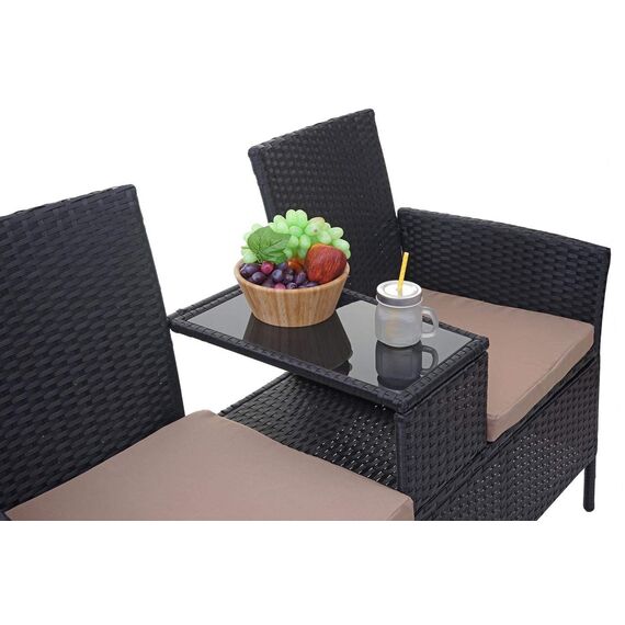 Mendler Poly-Rattan Sitzbank mit Tisch HWC-E24, Gartenbank Sitzgruppe Gartensofa, 132cm - schwarz, Kissen Creme