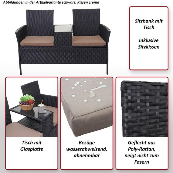 Mendler Poly-Rattan Sitzbank mit Tisch HWC-E24, Gartenbank Sitzgruppe Gartensofa, 132cm - schwarz, Kissen Creme