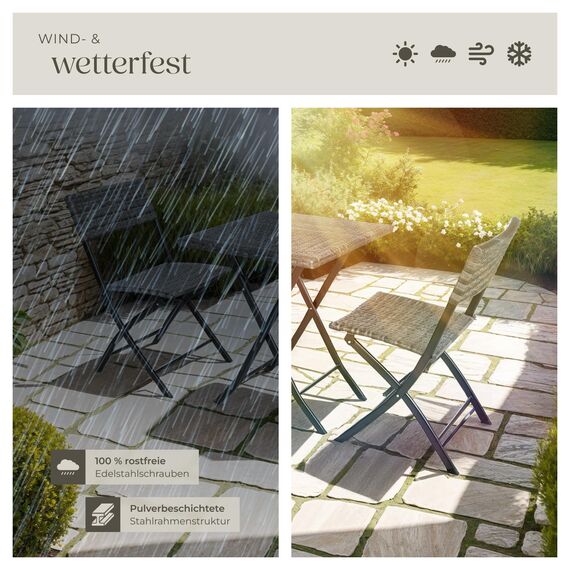 tectake® Rattan Balkon oder Garten Bistro Möbel Set, Sitzgruppe mit 2 Stühlen und 1 Kleiner Esstisch, platzsparend klappbar, Gartenmöbel, Balkonmöbel Kleiner Balkon - grau