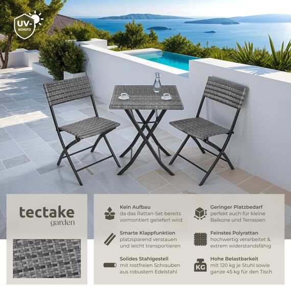 tectake® Rattan Balkon oder Garten Bistro Möbel Set, Sitzgruppe mit 2 Stühlen und 1 Kleiner Esstisch, platzsparend klappbar, Gartenmöbel, Balkonmöbel Kleiner Balkon - grau