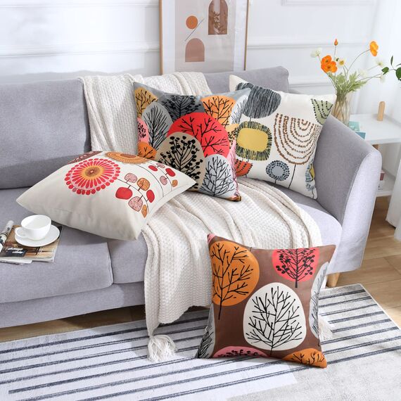 RYBornament 4er Set Dekorativ Kissenbezug Sofakissen Kissen Rot Herbst Blumen Muster Kissenbezüge Leinen Quadratisch Dekokissen Couchkisen 45 x 45 Abstrakt Kissenbezug für Sofa Schlafzimmer Büro Auto