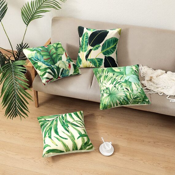 4er-Set Kissenbezug Grüne Dekokissen kissenbezüge Leinen Tropische Pflanze Blätter Dekorative Kissenhülle 40 x 40 cm Quadratische Modern Tropische Dekorativ Dekokissen Bezüge für kissensofa Deko