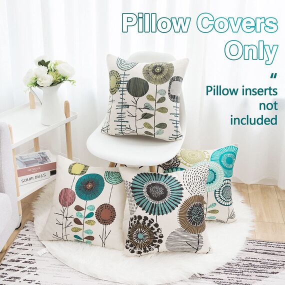 RYBornament 4er Set Kissenbezüge 45 x 45 Blumen Kissenhülle Sommer Dekokissen Sofakissen Kissen Blau Abstrakt Kissenbezug Vintage Bauernhaus Leinen Kissen Bezug Für Sofa Wohnzimmer Garten