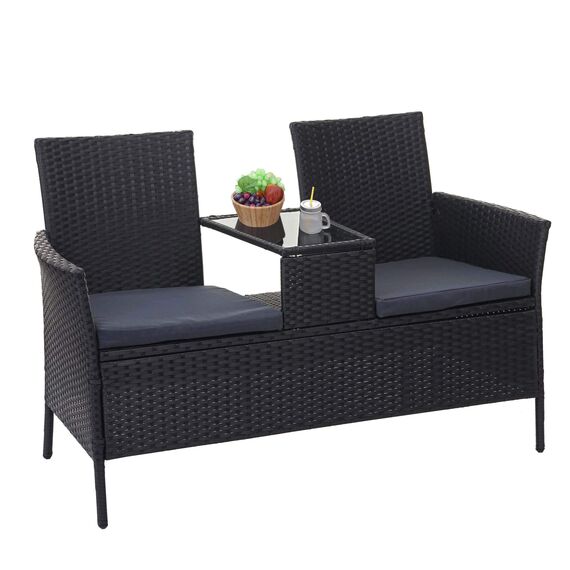 Mendler Poly-Rattan Sitzbank mit Tisch HWC-E24, Gartenbank Sitzgruppe Gartensofa, 132cm - schwarz, Kissen dunkelgrau
