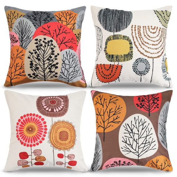 RYBornament 4er Set Dekorativ Kissenbezug Sofakissen Kissen Rot Herbst Blumen Muster Kissenbezüge Leinen Quadratisch Dekokissen Couchkisen 45 x 45 Abstrakt Kissenbezug für Sofa Schlafzimmer Büro Auto